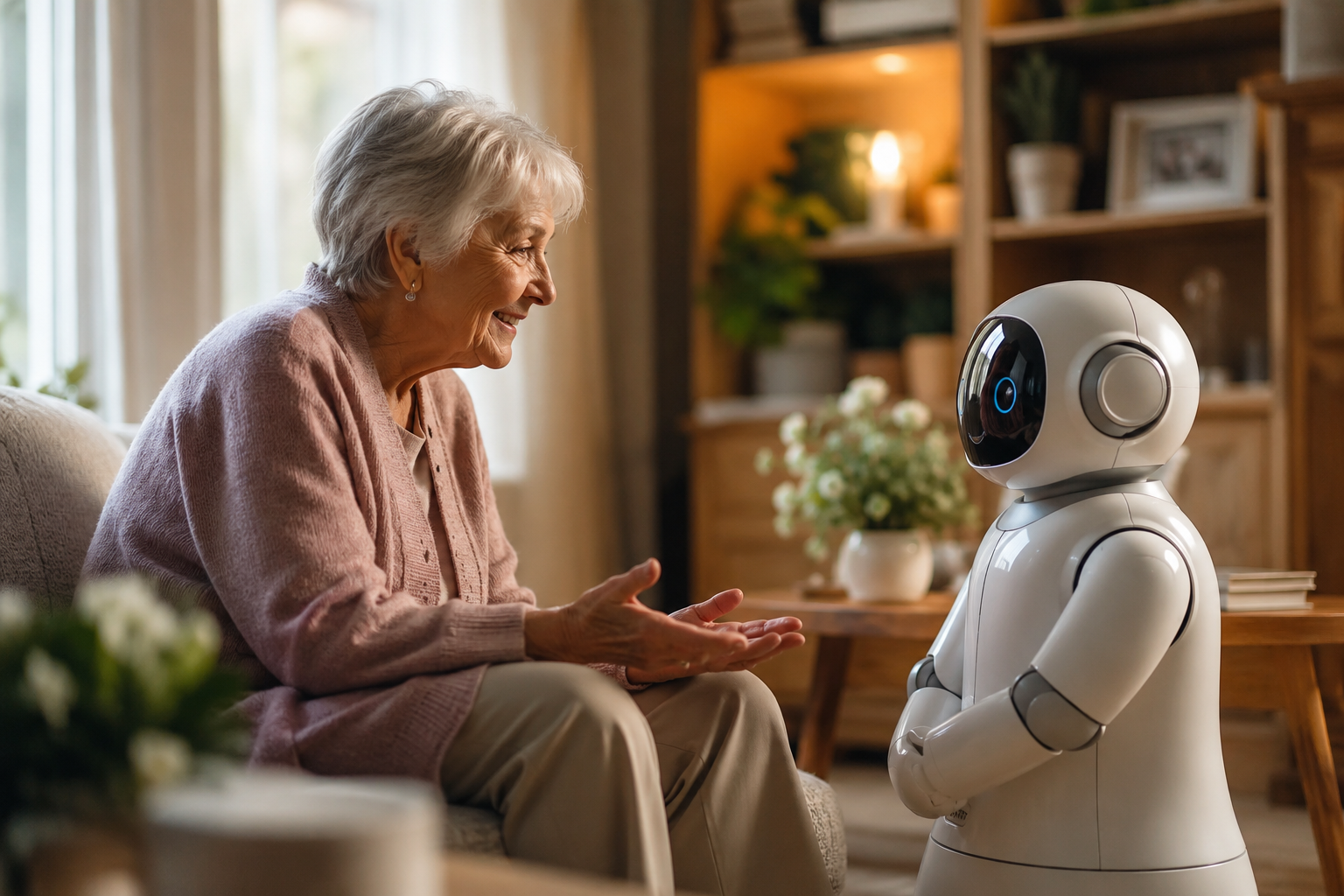 An older woman is sharing a friendly conversation with a home companion robot.