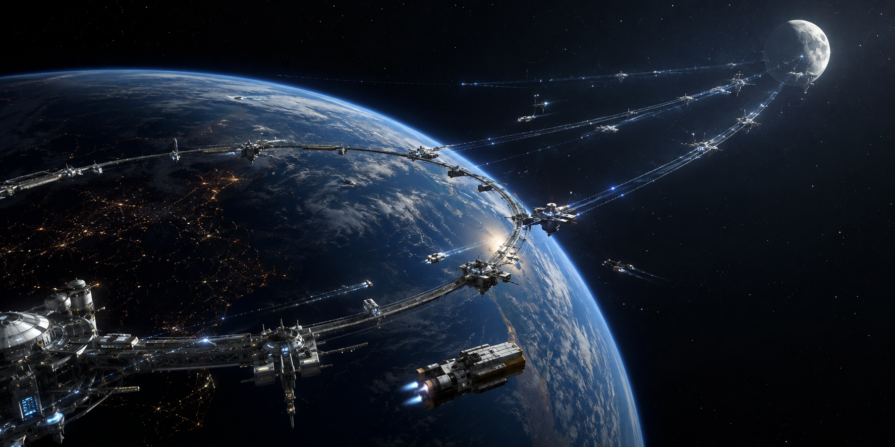 A view of Earth from Space with Orbital Rings being built.
