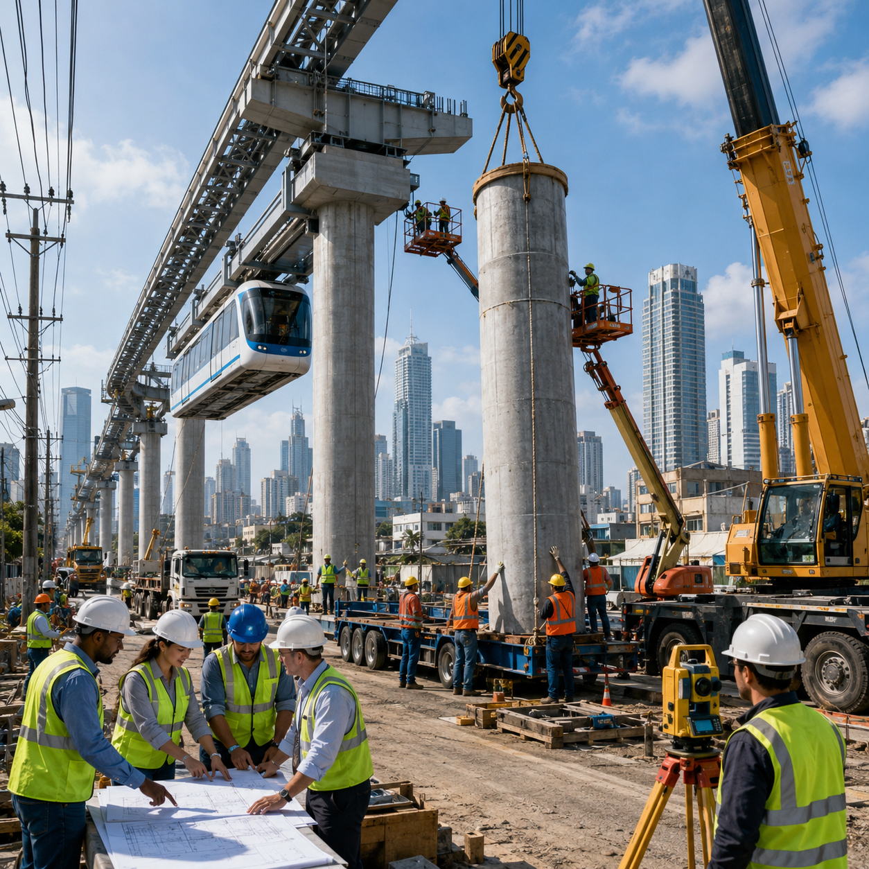 Engineers and construction workers building a major railway.