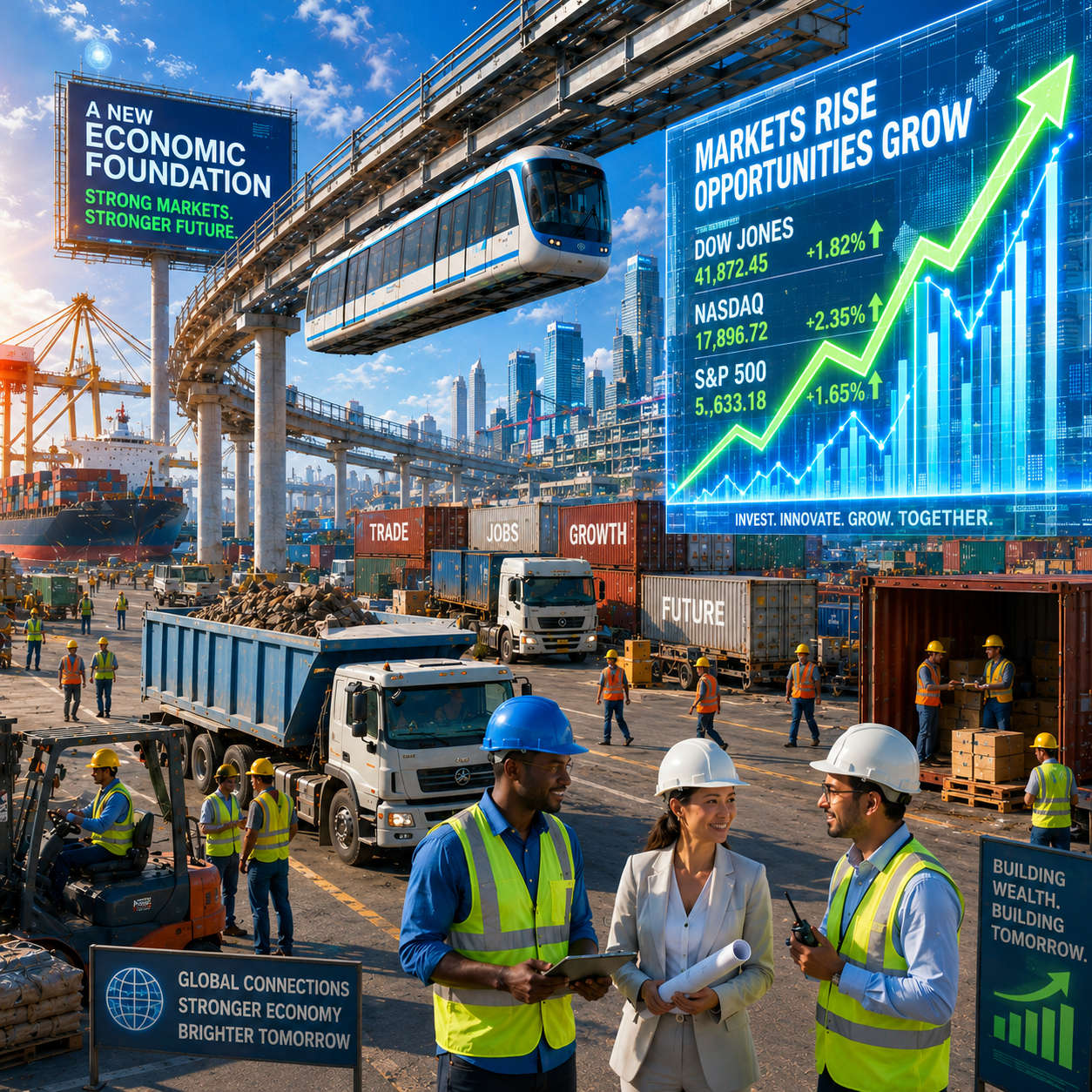 A modern railway carrying passengers and goods through a connected city.