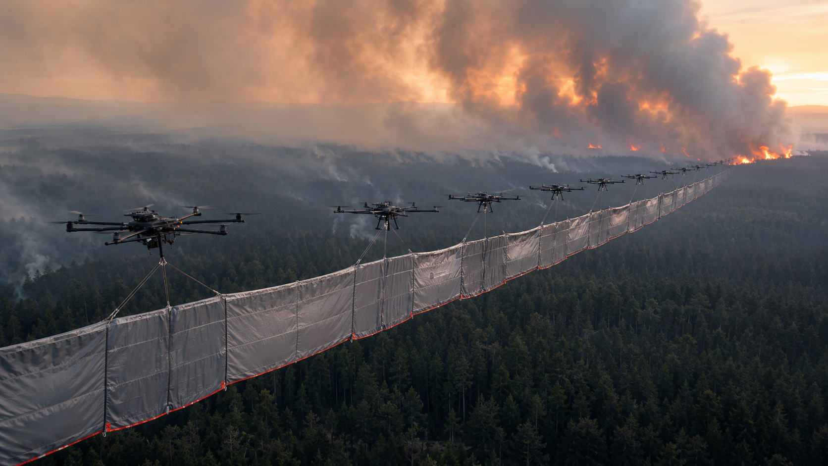 Aerial image of drones putting out a forest fire.